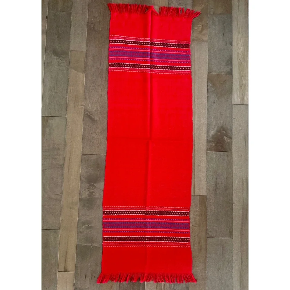 Handwoven Ecuador Red Table Runner with Geometric Folk Border and Fringe Accent